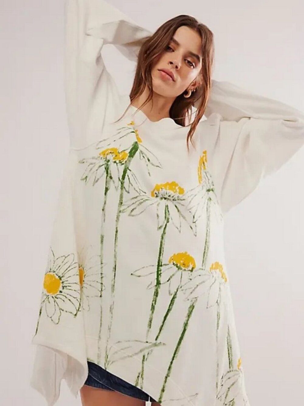 Free People Flowers Sweatshirt Oversized Ribbed Crew Neck Graphic Tunic Dress S